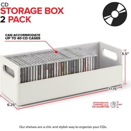 Stock Your Home 2- Pack CD Storage Box, Organizer Shelf for Movie Cases, DVDs, Cassette Tape Display Stand, Disc Holder Can Store Up to 40 CDs, Faux Leather (White with White Interior)
