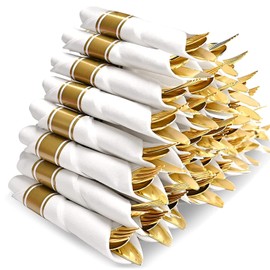 30Packs Pre Rolled Gold Plastic Silverware - Premium Pre Rolled Gold Plastic Cutlery Set with Napkin, Disposable Pre Rolled Napkin and Cutlery Set of 30Forks, 30Knives, 30Spoons, 30Napkins for Party