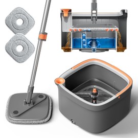 KZKR Spin Mop and Bucket Set with 2 Replaceable Microfiber Mop Pads with Self Separation Dirty and Clean Water System, Self Wringing 360° Rotating Square Mop Head for Hardwood Tile Marble Floors