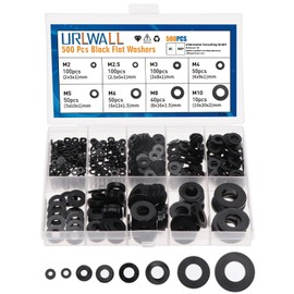 URLWALL 500Pcs Nylon Flat Washer Assortment Set, Washers Metric Sealing Spacer Gasket Ring Washers Set, 8 Sizes - M2, M2.5, M3, M4, M5, M6, M8, M10 (Black)