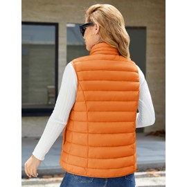 MAGCOMSEN Quilted Pufer Vest Women Lightweight Sleeveless Stand Collar Padded Jacket Zip Up 4 Pockets Winter Outerwear Vests Orange M