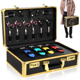 Goaste Professional Barber Supplies Case, 15.7" Barber Carrying Case with Code Lock, Double Layer Hairdresser Tool Box Organizer, Portable Travel Carrying Cases for Hair Stylist & Pet Groomer (Gold)