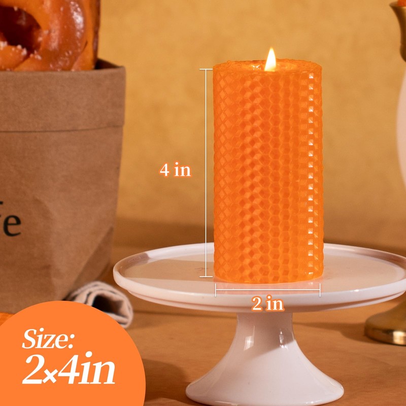 KONNI Beeswax Orange Pillar Candles Set of 3, 2"x 4"