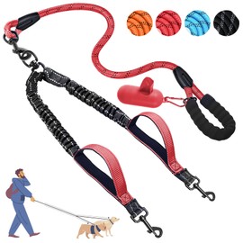 Blanlody Double Dog Lead for Walking 2 Dogs No Tangle, Reflective Bungee Split Lead with 360°Swivel Rotation,Two Padded Handles and Waste Bags for Walking and Traning