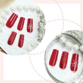 24Pcs Christmas Red Press on Nails with Glitter Bow Designs Xmas Red Glitter Gift False Nails Full Cover Stick on Nails Acrylic Winter Medium Square Artificial Nails for Women Manicure New Years