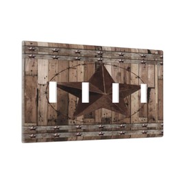 Vintage Rustic American Western Cabin Barn Texas Star on Taupe Wood Wooden Quad Toggle Light Switch Cover 4-Gang Electrical Decorator Wall Plate Quadruple Switch Four Device Receptacle Outlet Cover