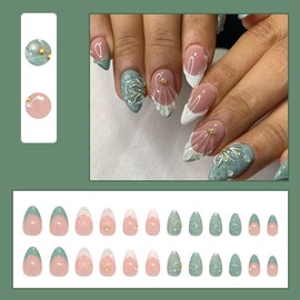 24Pcs Green Press on Nails Short Almond QUNQINLI White French Fake Nails Glossy False Nails Press Ons with 3D Pearl Shell Ripples Designs Acrylic Glue on Nails Nude Stick on Nails for Women