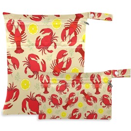 visesunny Lobster Crab with Lemon 2Pcs Wet Bag with Zippered Pockets Washable Reusable Roomy for Travel,Beach,Pool,Daycare,Stroller,Diapers,Dirty Gym Clothes, Wet Swimsuits, Toiletries