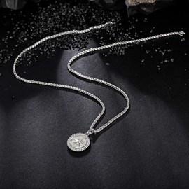 murtoo Men's Necklace, Necklace with Compass Pendant for Men, Silver Coin Pendant, Wheat Chain for Men, Women, Stainless Steel Necklace, Gift for Men and Women, 60 cm, Stainless Steel