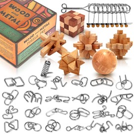Brain Teaser Wooden Metal Puzzles - Stocking Stuffers Brain Teaser Disentanglement Iron Link Unlock Interlock Game Chinese Ring Magic Trick Toy for Party Favors Kids Adults Challenge 32pack