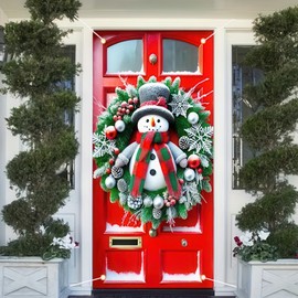 BlissYard Merry Christmas Door Cover Snowman Wreath Lantern Design Hanging Banner Backdrop Front Door Porch Photography Background Winter Xmas New Year Decoration 71x35 Inch（Banner, Not a Real Wreath）