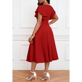 MarryUP Womens Wedding Guest Midi Dress Cocktail Dress Elegant Wrap V Neck Semi Formal Ruffle Short Sleeve A Line Red 2XL