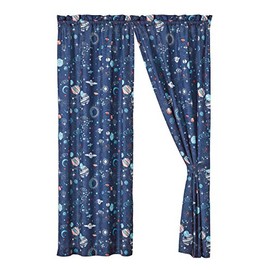 WPM Kids Collection Bedding 4 Piece Curtain Set, Kid's Bedroom window Blue Space Ship Rocket Stars Print Planets Design 2 Panels each panel is 38"wide x 84"long 2 tie backs included
