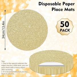 Pack of 50 Golden Paper Placemats, Round, 35 cm, Glitter Paper Placemats, Light Gold, Round Disposable Placemats, Decorative for Dining Table, Wedding, Birthday, Party, Christmas