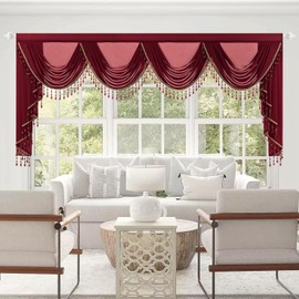 VOGOL Extra Wide Sheer Waterfall Valances, Vintage Style Voile Curtain Panels for Bathroom Basement, 1 Pack Silky Textured Lightweight Drapes for Dining Room, 110 Inches Wide, Red