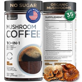 Mushroom Coffee - 10-in-1 Mushroom Superfood Adaptogen Mix - Lion's Mane, Chaga, Turkey Tail, Reishi, Organic Arabica Instant Coffee - for Gut Health, Immunity, Energy - Sugar Free - 7,4 oz (35 Serv)