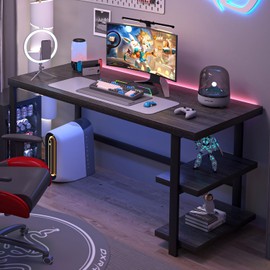 FOLUBAN Home Office Desk, Modern Computer Desk with Storage Shelf, Wood Study Writing Gaming Table for Bedroom Living Room, Industrial Dark Gray, 53 Inch