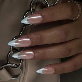 SXVME Chrome White French Tip Press on Nails Almond Medium, Glue on Short Gel Acrylic False Nails for Women - 24 Pcs