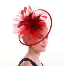 SAFERIN Fascinator Hair Clip Hat Bowler Kentucky Derby Cocktail Feather Mesh Flower Veil Wedding Party Hat Tea Fascinators (a-Red)