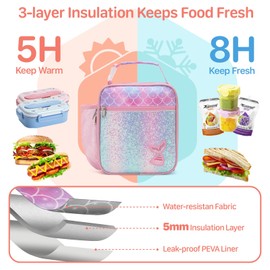 Bagseri Lunch Bag for Girls - Kids Lunch Box for Girls Reusable Leak-Proof and Insulated Kids Lunch Bag Toddler Lunch Box for Daycare and School, Glitter Pink Mermaid