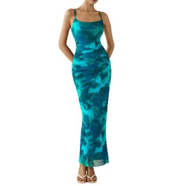 PRETTYGARDEN Women's Floral Maxi Dress 2025 Summer Spaghetti Strap Ruched Mesh Bodycon Wedding Guest Beach Party Long Dresses (Floral Lake Blue,Large)