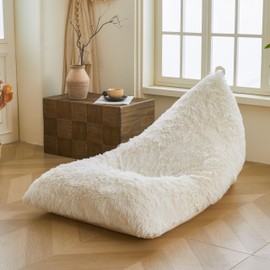 XeGe Fluffy Kids Stuffed Animal Storage Bean Bag Cover (No Filler), Plush Fuzzy Faux Fur Beanbag Organizer with Handle for Teens Girls Adults, Shaggy Furry Plush Toys Holder Floor Lounger Chair, Beige