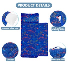 Toddler Nap Mat/Removable Pillow -Dinosaur- Carry Handle with Straps Closure,Toddler Nap Mat Extra Large 60 in*20 in Boys Sleeping Mat Nap Mat for Preschool Kindergarten, Sleeping Bag