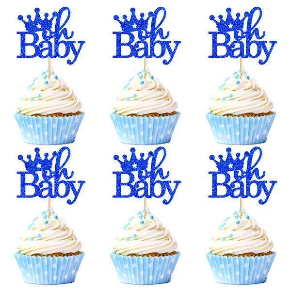 Ercadio - Paquete de 24 adornos para cupcakes con corona de purpurina azul para bebé, diseño de corona de cumpleaños de Príncipe Oh, para decoración de fiestas de baby shower