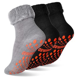 NOVAYARD 3 Pairs Non Slip Thermal Socks Hospital Slipper Crew Grip Cozy Wool socks Men Women (Black+Grey,M)