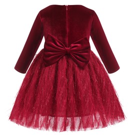 Toddler Baby Girls Velvet Ruffle Christmas Dress for Kids Long Sleeve Feather Tulle Tutu Velvet Princess Vintage Evening Dresses Christmas Plush Party Fall Winter Outfits Wine Red 5-6 Years