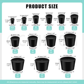 Cimeton 32PCS Solid Rubber Stoppers Assortment Kits 000#-10# 13 Assorted Sizes Black Lab Plug Tapered Lab Seal Rubber Stoppers for Pipe Tank Bottle Sealing(Black)