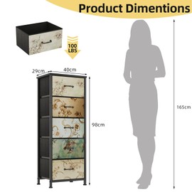 CAIYUN Tall Dresser with 5 Drawers, Small Dresser for Bedroom, Living Room, Fabric Chest of Drawer, Closet Storage Organizers Unit, Narrow End Table with Wooden Top, Bedside Table, Vintage Pattern