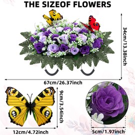 Artificial Cemetery Flowers for Grave,Large Headstone Flower Saddle Realistic Grave Flowers Memorial Silk Rose Flowers with Butterflies for Headstone Grave Decoration Non-Fading Easy Fit (Purple)