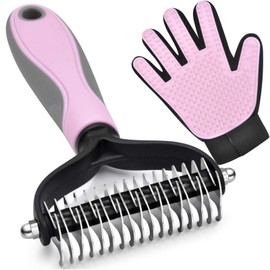 Double-Sided Undercoat Rake for Deshedding & Dematting Pets - Gentle Grooming Glove Kit for Dogs & Cats (Pink, 2 Pack)