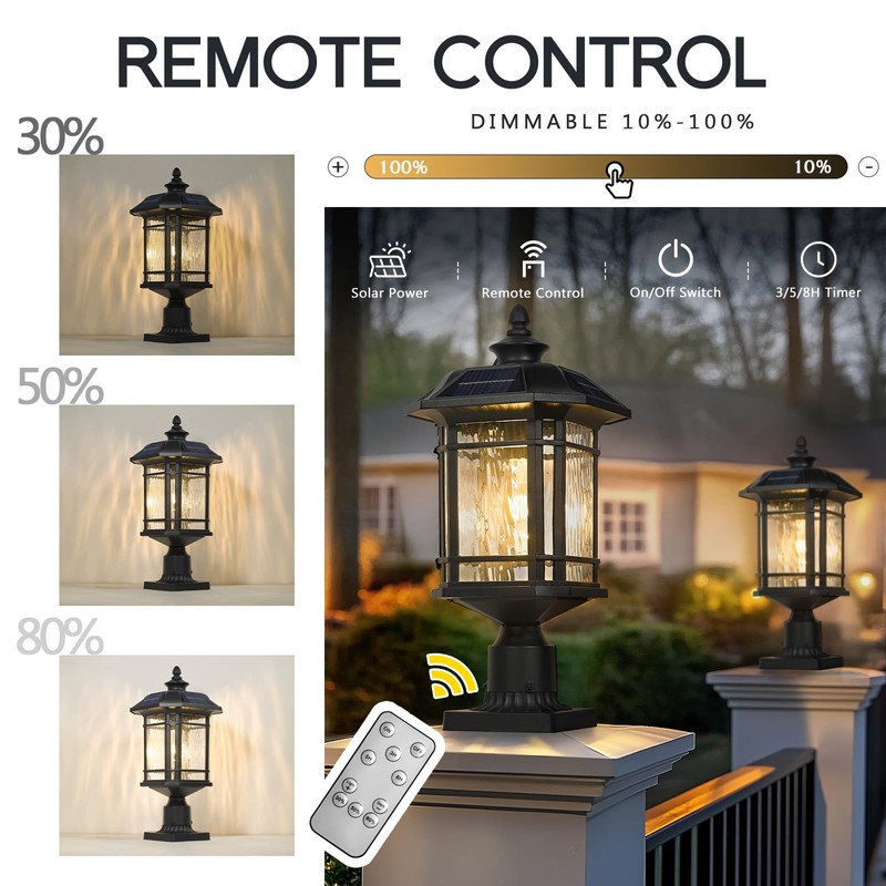 Emliviar 20.5" Solar Post Light Outdoor, Large Black Solar Column