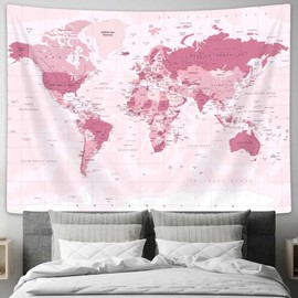 Drgilau Old World Map Tapestry - Pink Educational Wall Art Vintage Asia Europe South City Topography America Africa Decor for Living Room Office 60X40 Inch