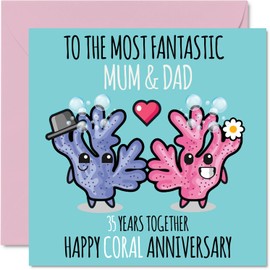 Cute Coral Anniversary Card for Mum & Dad - 35 Years Together - Happy 35th Wedding Anniversary Cards for Dad Mum, 145mm x 145mm Greeting Cards for Thirty-Fifth Anniversaries