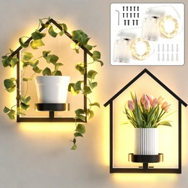 DTUQYX Wall Planters for Indoor Plants with Lights, 2 Pack House Shape Plant Shelves, Anti-Rust Hanging Wall Plant Holder with Warm Light for Home Decor Indoor Outdoor, Entryway Housewarming/Wedding