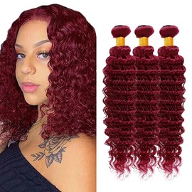 Luxvogue 12 14 16 Inch Human Hair Bundles Burgundy 99J Deep Wave Bundles Human Hair 12A Unprocessed Wave Bundles for Black Women Soft Sewn In with Double Weft