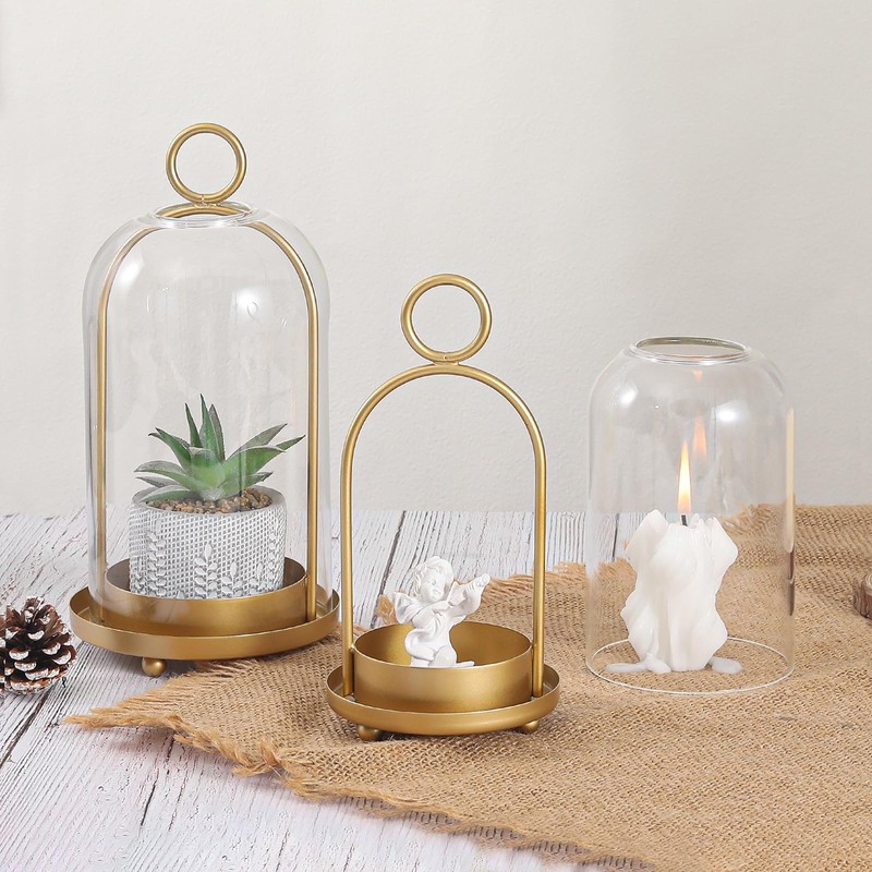 Versatile Metal Candle Holder Set with Handmade Glass Dome,Antique Brass