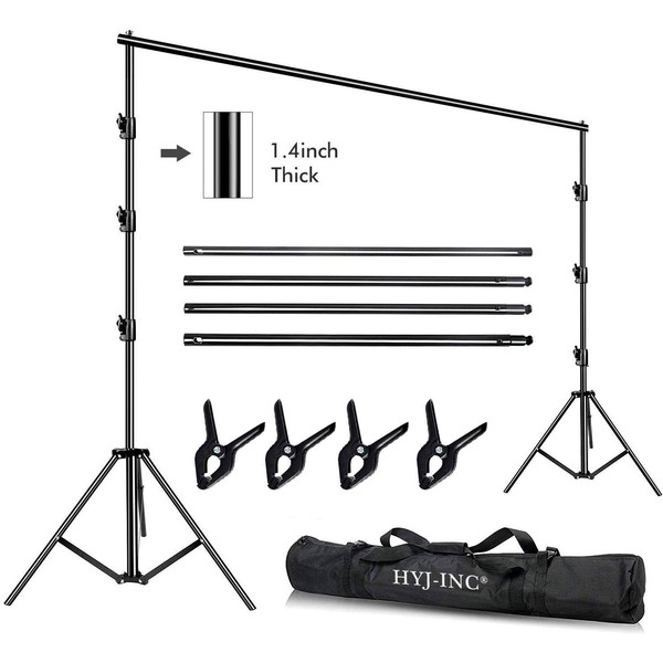 HYJ-INC 10 x 10Ft Photo Video Studio Heavy Duty Adjustable Muslin Backdrop Stand Background Support System Kit for Photography with Carrying Bag，4 Pcs Spring Clamps