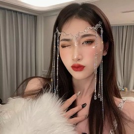 fdsmall Women's Headband Head Chain Water Drop Head Chain Headpiece Fairy Hair Ornaments Forehead Chain Crystal Headband Hair Clothing Long Tassel Headpiece Headpiece (01)