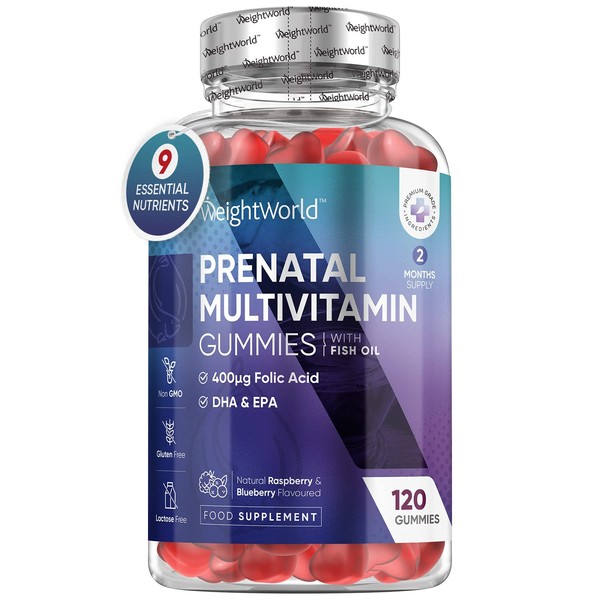 Prenatal Gummies with EPA & DHA - 2 Months Supply - 9 Essential Mineral & Prenatal Vitamins for Women with Folic Acid 400 mcg - Natural Raspberry & Blueberry Flavour - Pregnancy Vitamins for Women