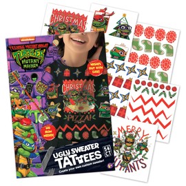 Savvi - TMNT Ugly Sweater Fabric Kit, 54 Temporary Tattoos: Gifts for Kids Ages 6+, Holiday Tattoo, Made in the USA [6 Sheets, 54 Count]