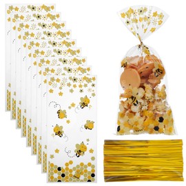 Ymapinc 50Pcs Clear Plastic Bee Favor Bags with Handles, Bees Party Bag Bees Birthday Goodie Bag Yellow Gift Bee Bags for Baby Shower, Birthday Party, Wedding