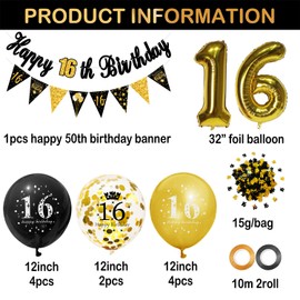 16th Birthday Party Decorations for Men Women Black and Gold, Black Gold Happy Birthday Banner Sign 16th Happy Birthday Balloons for 16th Anniversary Birthday Party Supplies Outdoor Indoor Décor