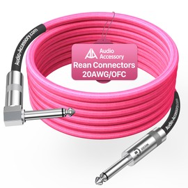 Right Angle Guitar Cable 20ft, Nylon Braided Kevlar-Reinforced, Neutrik REAN Connector, 20AWG 99.99% OFC 1/4 Instrument Cable, Dual Shielded Amp Cord for Fender Electric Guitar, Neon Pink