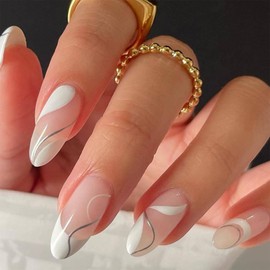 French Tip Press On Nails Medium Almond Shaped Cute Fake Nails Summer White Ripple Designs 24 Pcs Nude Acrylic Stick on Full Cover False Nails for Women BKS1291