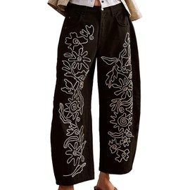 YSW Embroidered Mid Rise Jeans for Women Baggy Boyfriend Jean Boho Barrel Horseshoe Vintage Pants Black XS