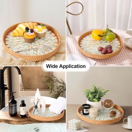 Tynulox Round Rattan Tray with Mother of Pearl Inlay, Rattan Serving Tray for Coffee, Bread, Fruits, Decorative Wicker Tray for Table Decor, Home Decor, Kitchen Island Decor (Ambilight, 11.8")